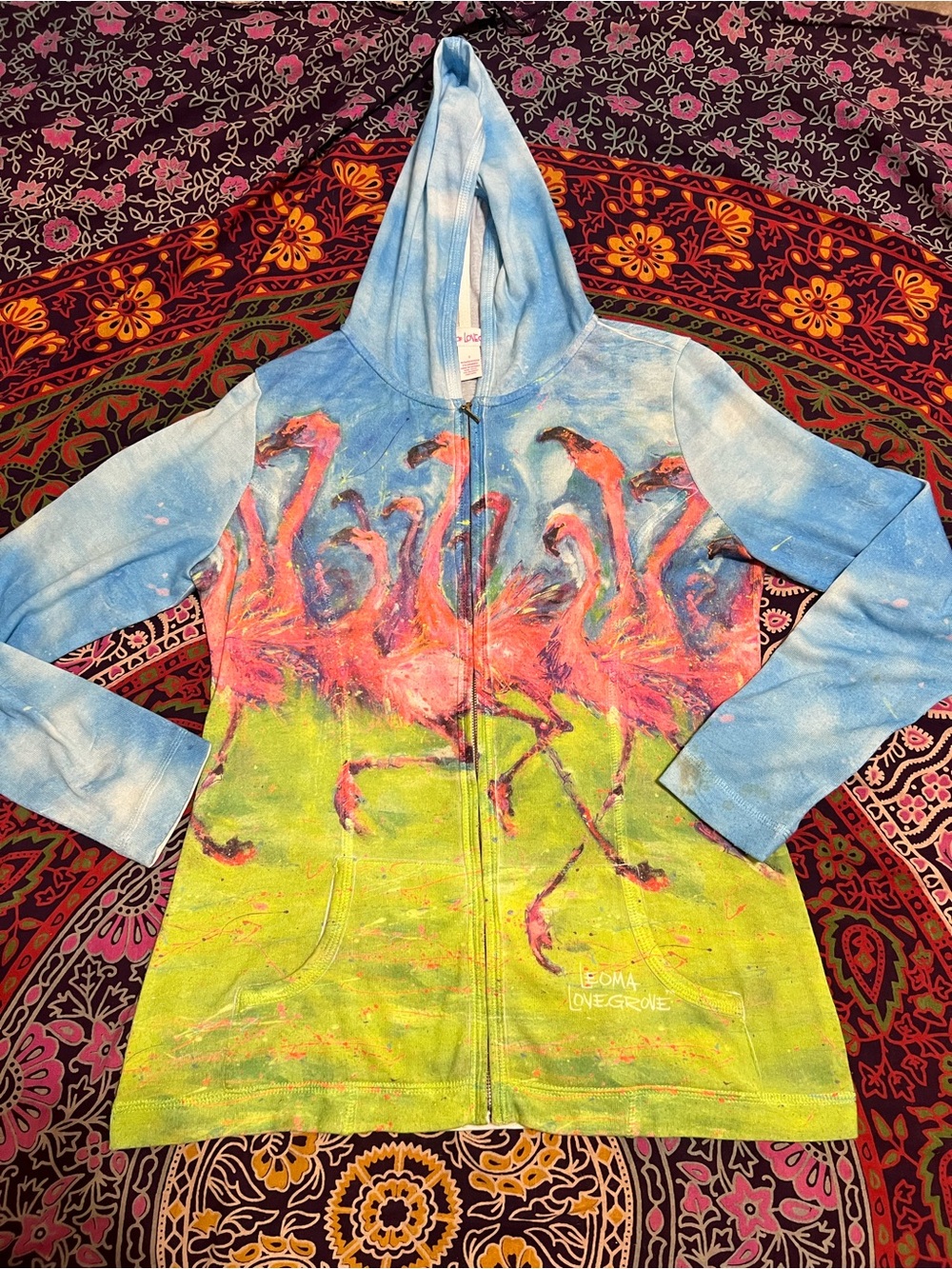 Leoma Lovegrove Womens Small Pink Flamingo Tropical Zip Up Hoodie